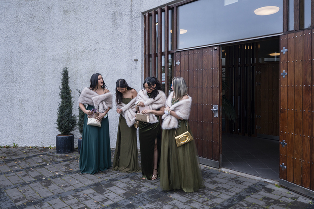 Reykjavik (Iceland): the four bridesmaids of Deisy Duran, a Venezuelan woman marrying the Icelander Einar Sigurðsson, are waiting for the bride in front of Bústaðakirkja, on the eastern outskirts of the capital.